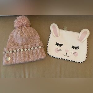 Betsey Johnson Pink Knit Beanie with Rhinestone Detail and Bunny Pouch
